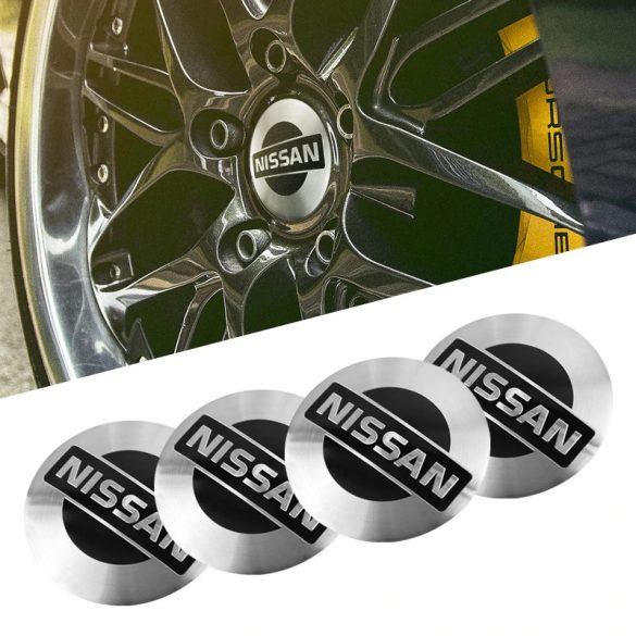 3D autó Nissan ezüst-fekete felniközép kupak matrica (4 db) 56 mm alumínium